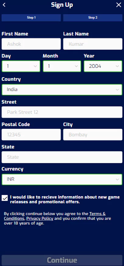 Purewin the 2 step of the registration.