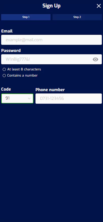 Purewin Registration step 1.