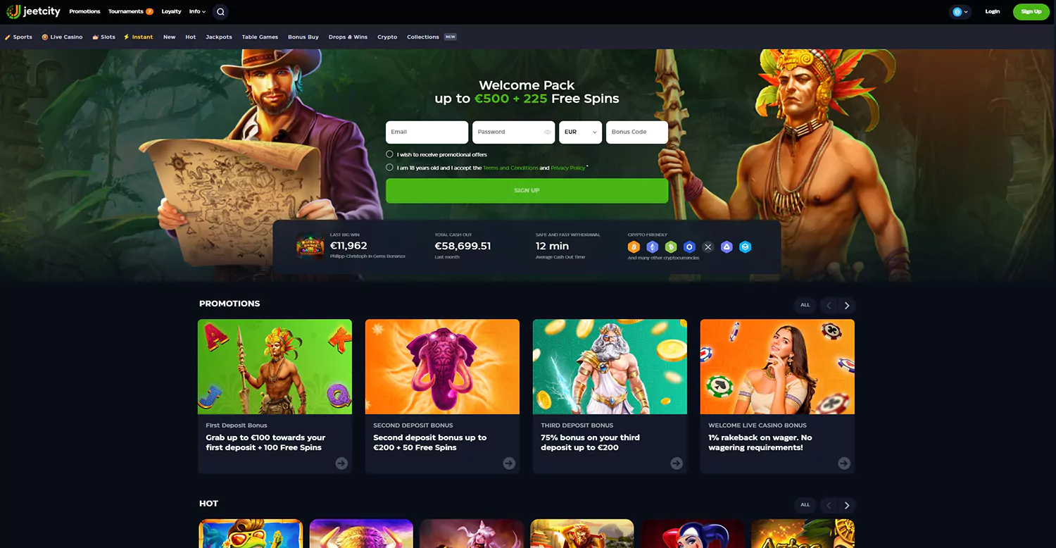 jeetcity casino layout and navigation